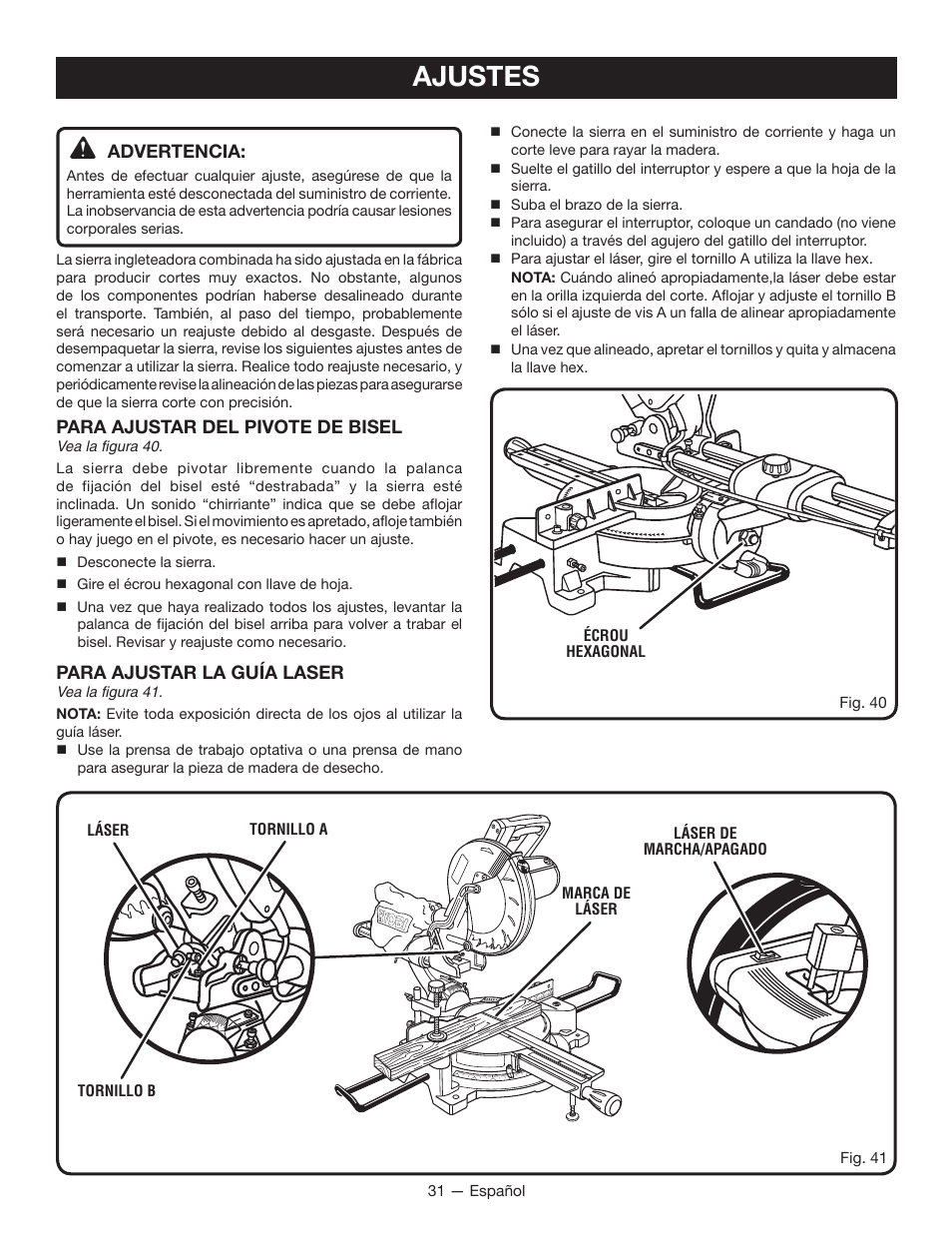 Ajustes | Ryobi TSS100L1 User Manual | Page 96 / 100