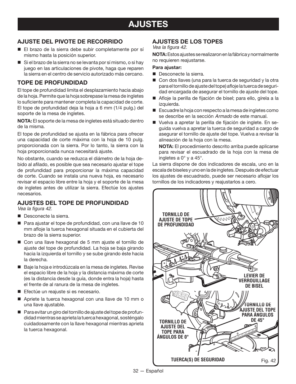 Ajustes | Ryobi TSS100L1 User Manual | Page 97 / 100