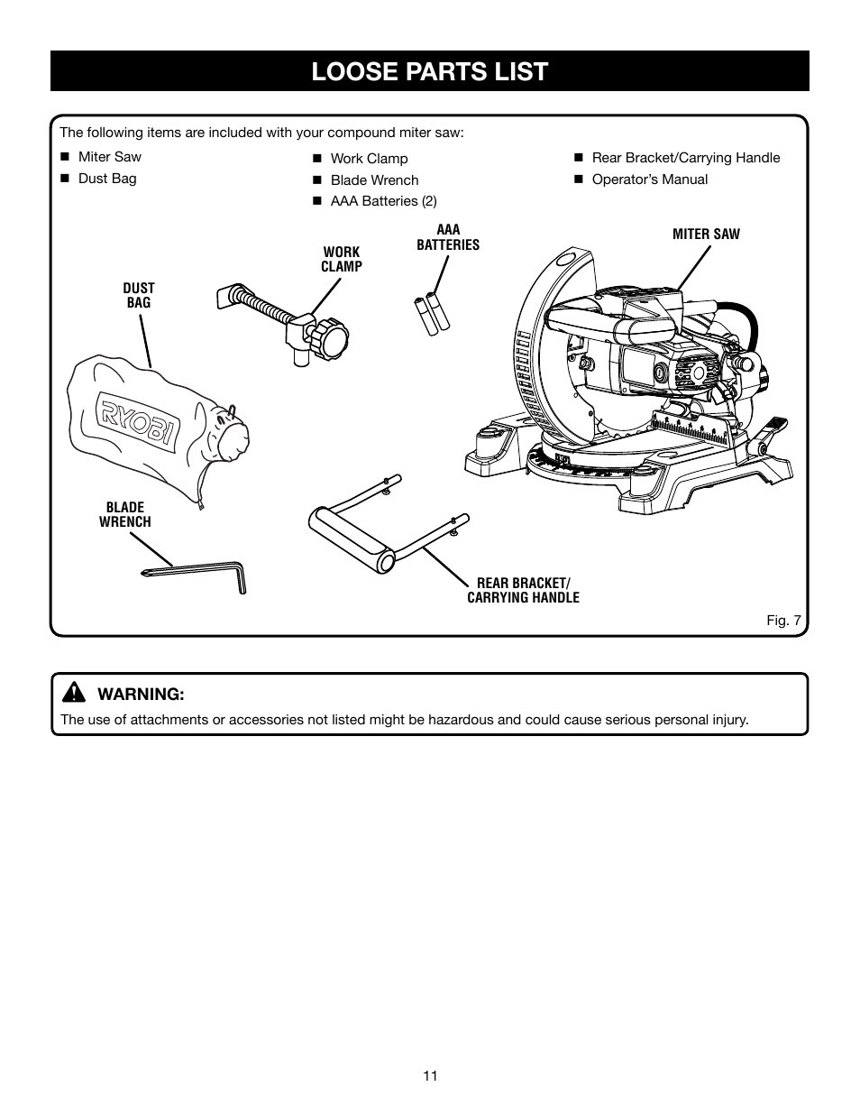 Loose parts list | Ryobi TS1143L User Manual | Page 11 / 84