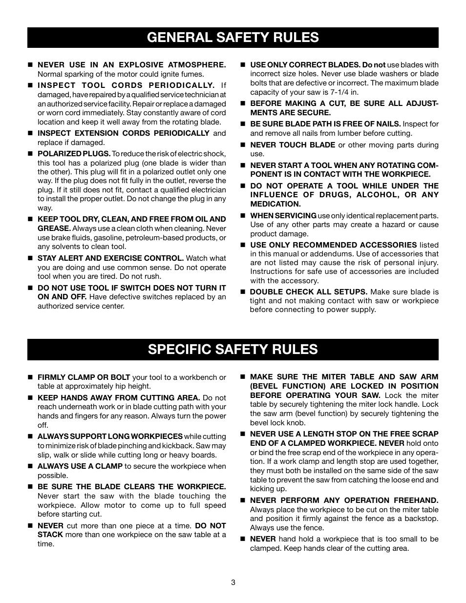 General safety rules, Specific safety rules | Ryobi TS1143L User Manual | Page 3 / 84