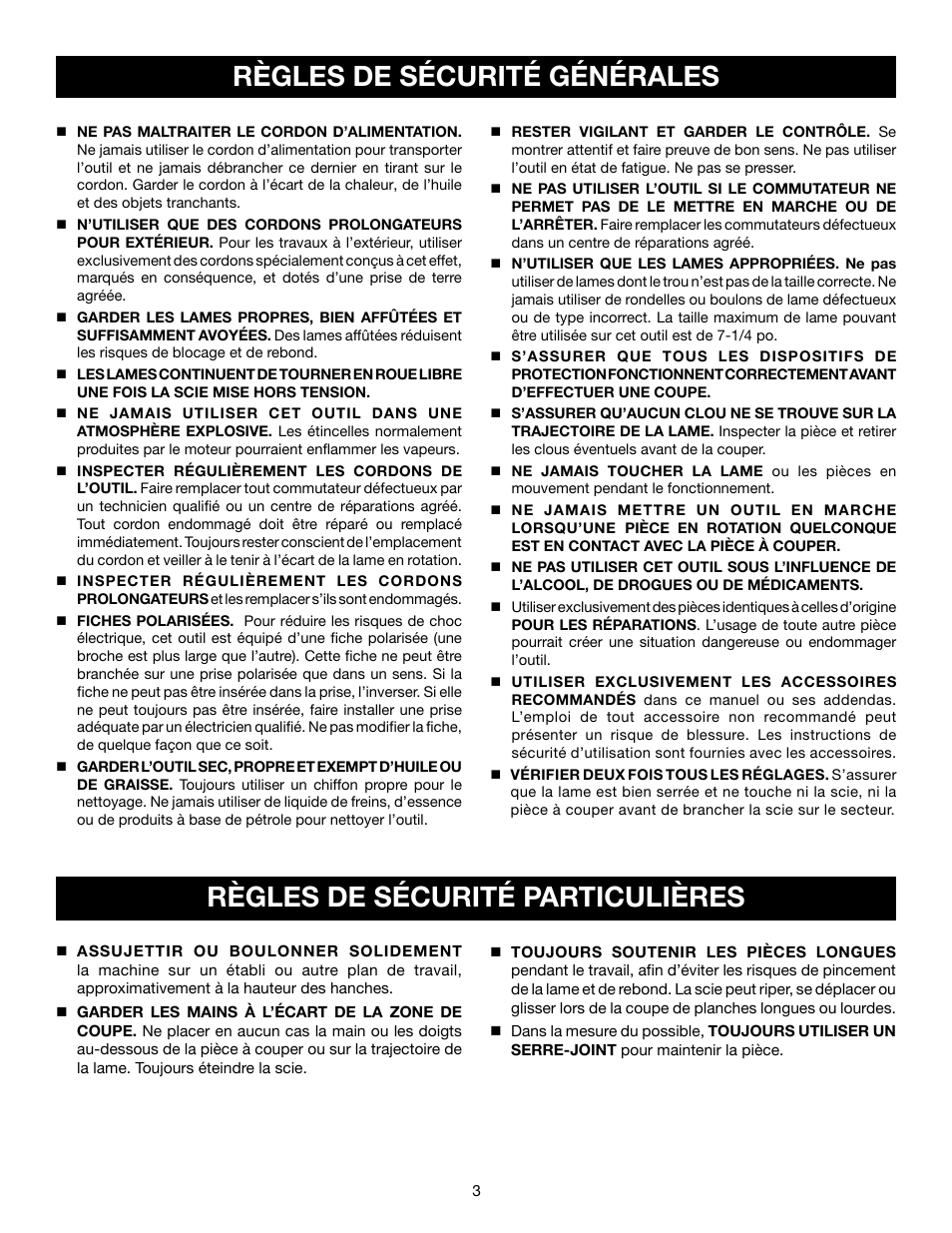 Règles de sécurité générales, Règles de sécurité particulières | Ryobi TS1143L User Manual | Page 30 / 84