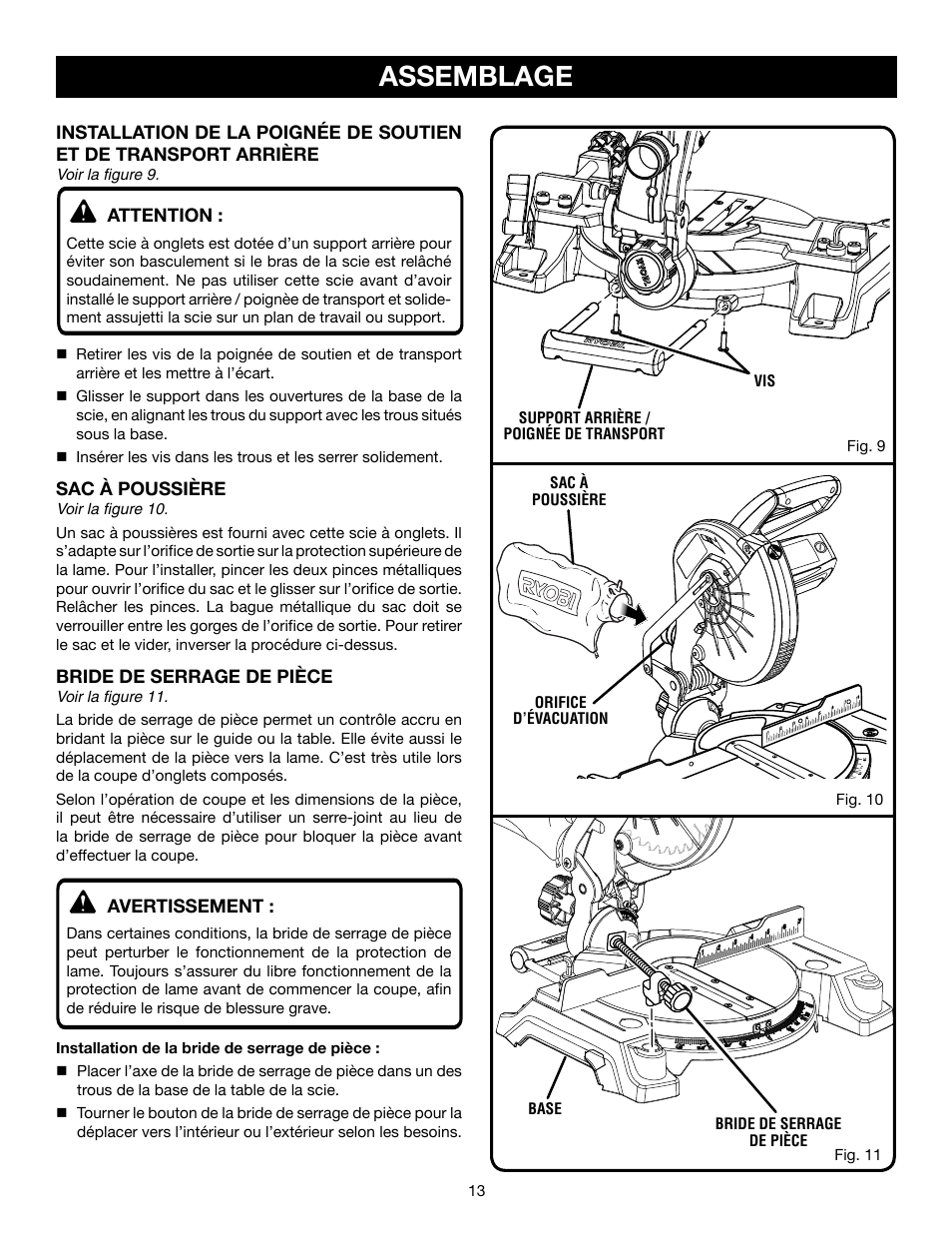 Assemblage, Attention, Sac à poussière | Bride de serrage de pièce, Avertissement | Ryobi TS1143L User Manual | Page 40 / 84