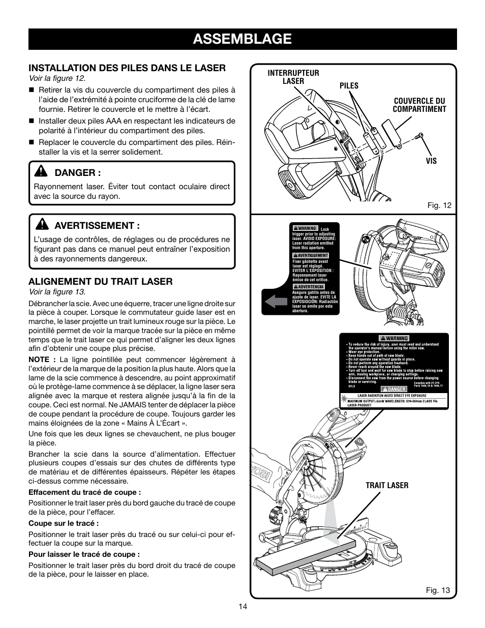 Assemblage, Installation des piles dans le laser, Danger | Avertissement, Alignement du trait laser | Ryobi TS1143L User Manual | Page 41 / 84