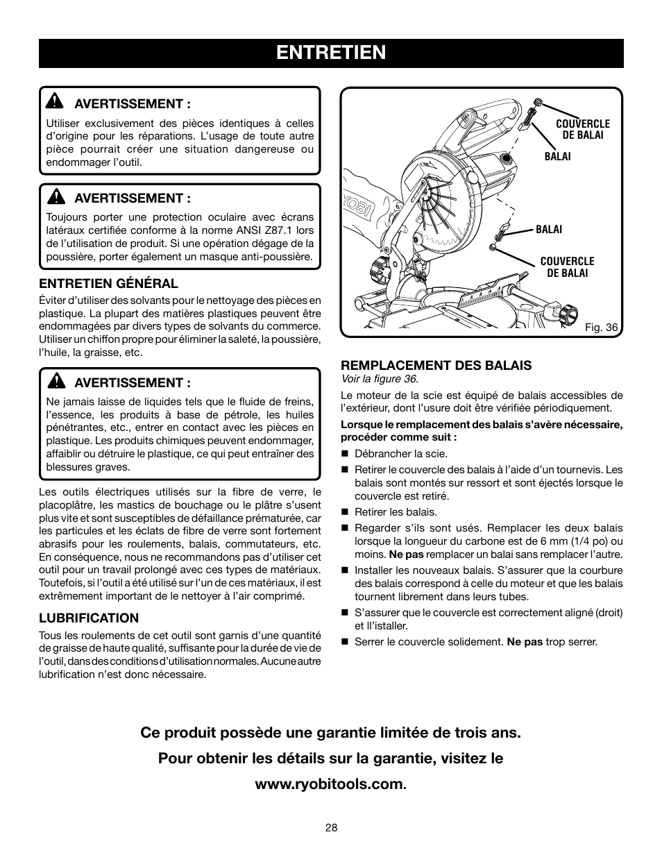 Entretien | Ryobi TS1143L User Manual | Page 55 / 84