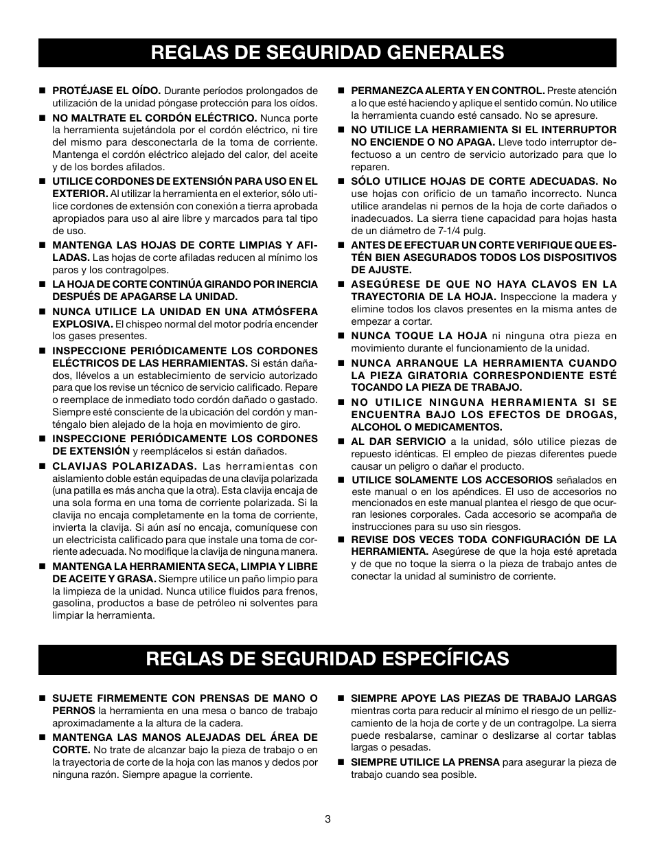 Reglas de seguridad generales, Reglas de seguridad específicas | Ryobi TS1143L User Manual | Page 57 / 84