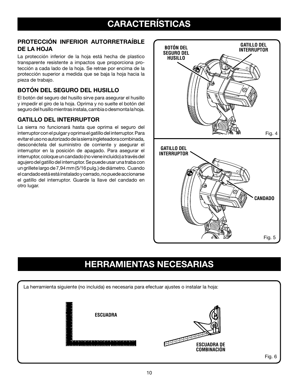 Características, Herramientas necesarias | Ryobi TS1143L User Manual | Page 64 / 84