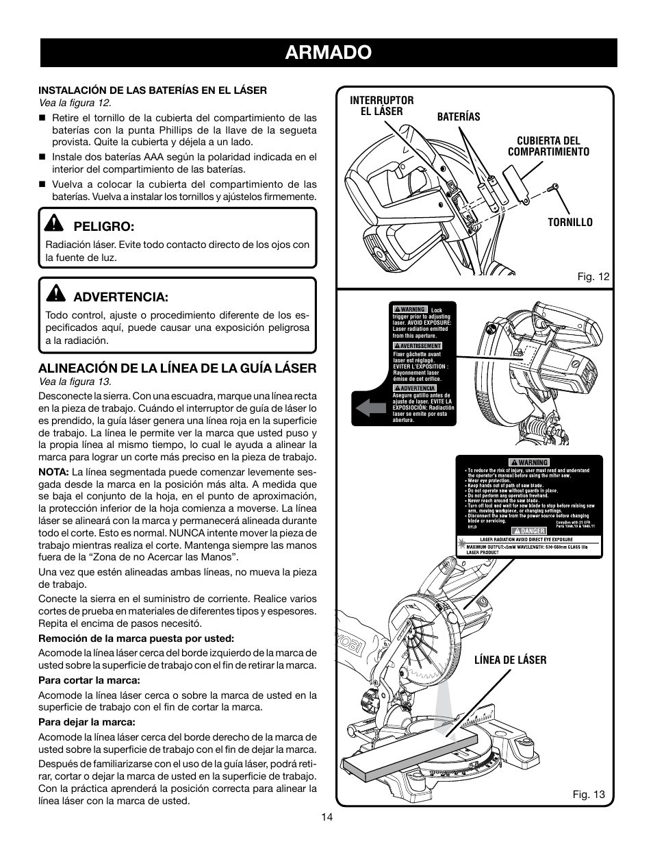 Armado, Peligro, Advertencia | Alineación de la línea de la guía láser | Ryobi TS1143L User Manual | Page 68 / 84