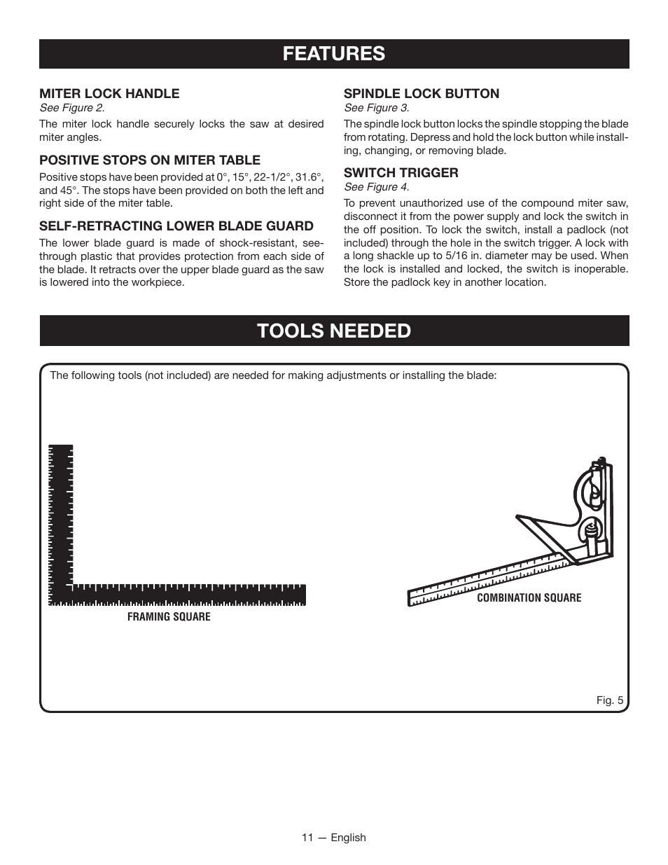 Features, Tools needed | Ryobi TSS1344LG User Manual | Page 11 / 30