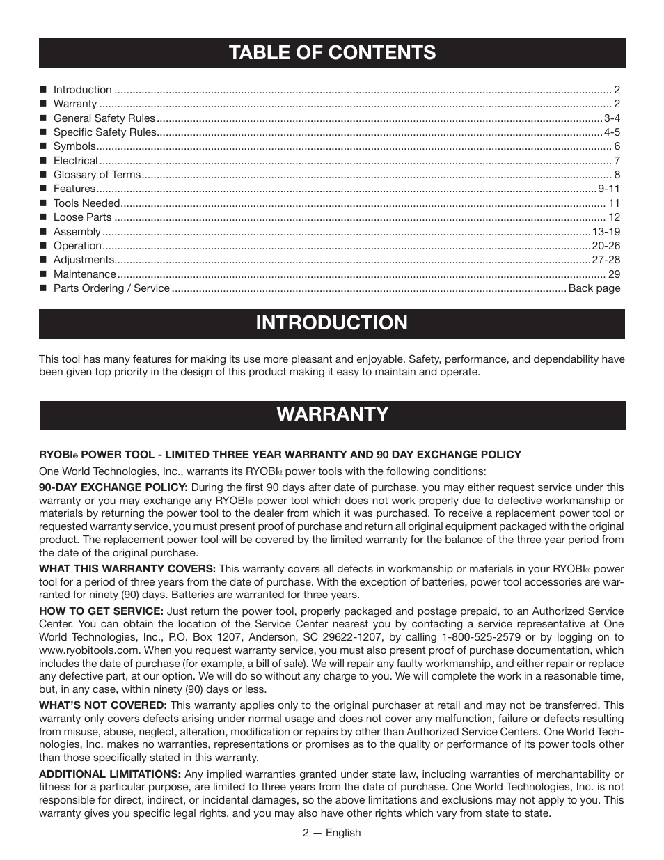 Table of contents introduction, Warranty | Ryobi TSS1344LG User Manual | Page 2 / 30