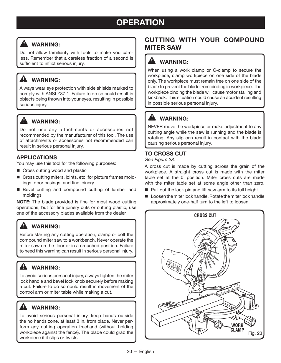 Operation, Cutting with your compound miter saw | Ryobi TSS1344LG User Manual | Page 20 / 30