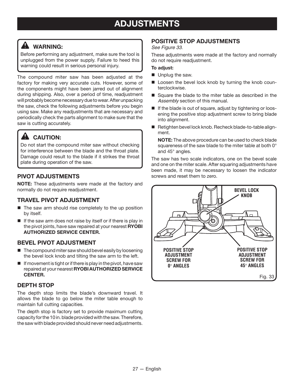 Adjustments | Ryobi TSS1344LG User Manual | Page 27 / 30