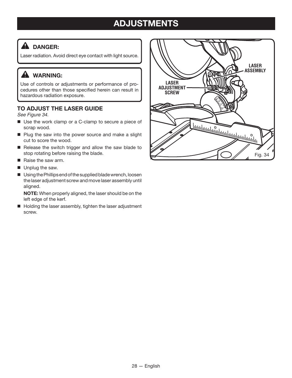 Adjustments | Ryobi TSS1344LG User Manual | Page 28 / 30
