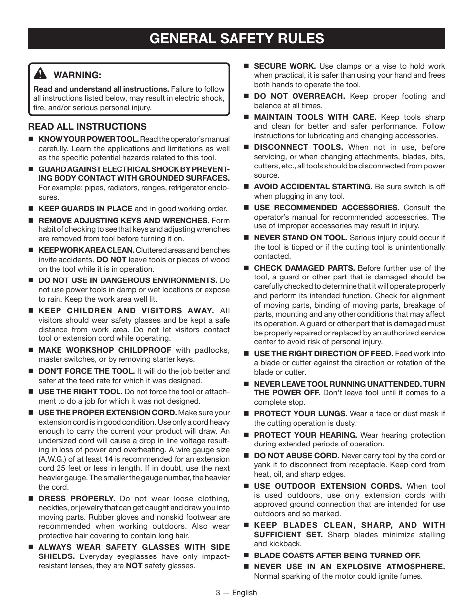 General safety rules | Ryobi TSS1344LG User Manual | Page 3 / 30