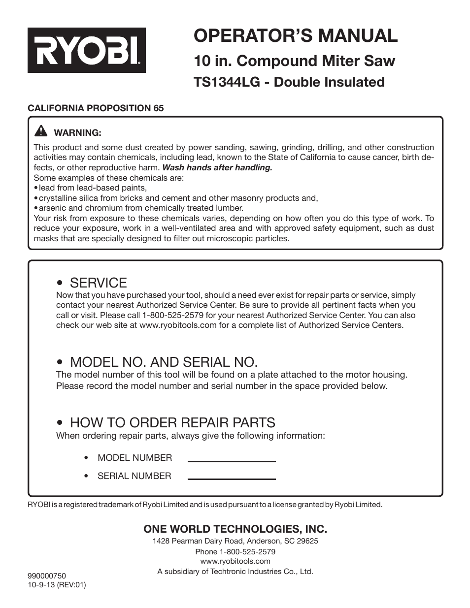 Operator’s manual, 10 in. compound miter saw, Ts1344lg - double insulated | Service, Model no. and serial no, How to order repair parts | Ryobi TSS1344LG User Manual | Page 30 / 30