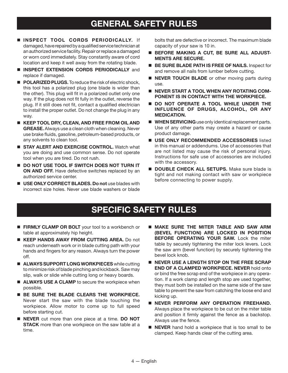 General safety rules, Specific safety rules | Ryobi TSS1344LG User Manual | Page 4 / 30