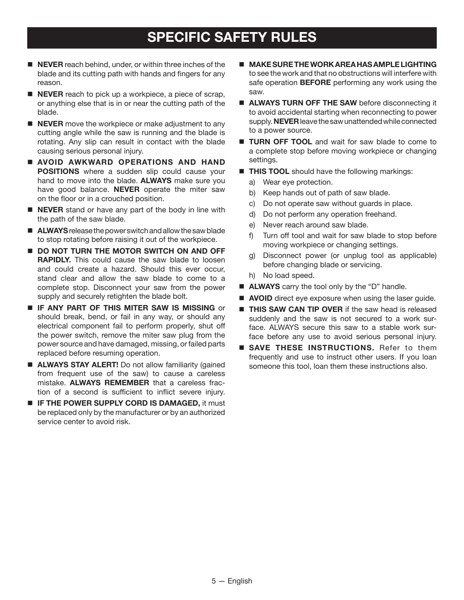 Specific safety rules | Ryobi TSS1344LG User Manual | Page 5 / 30