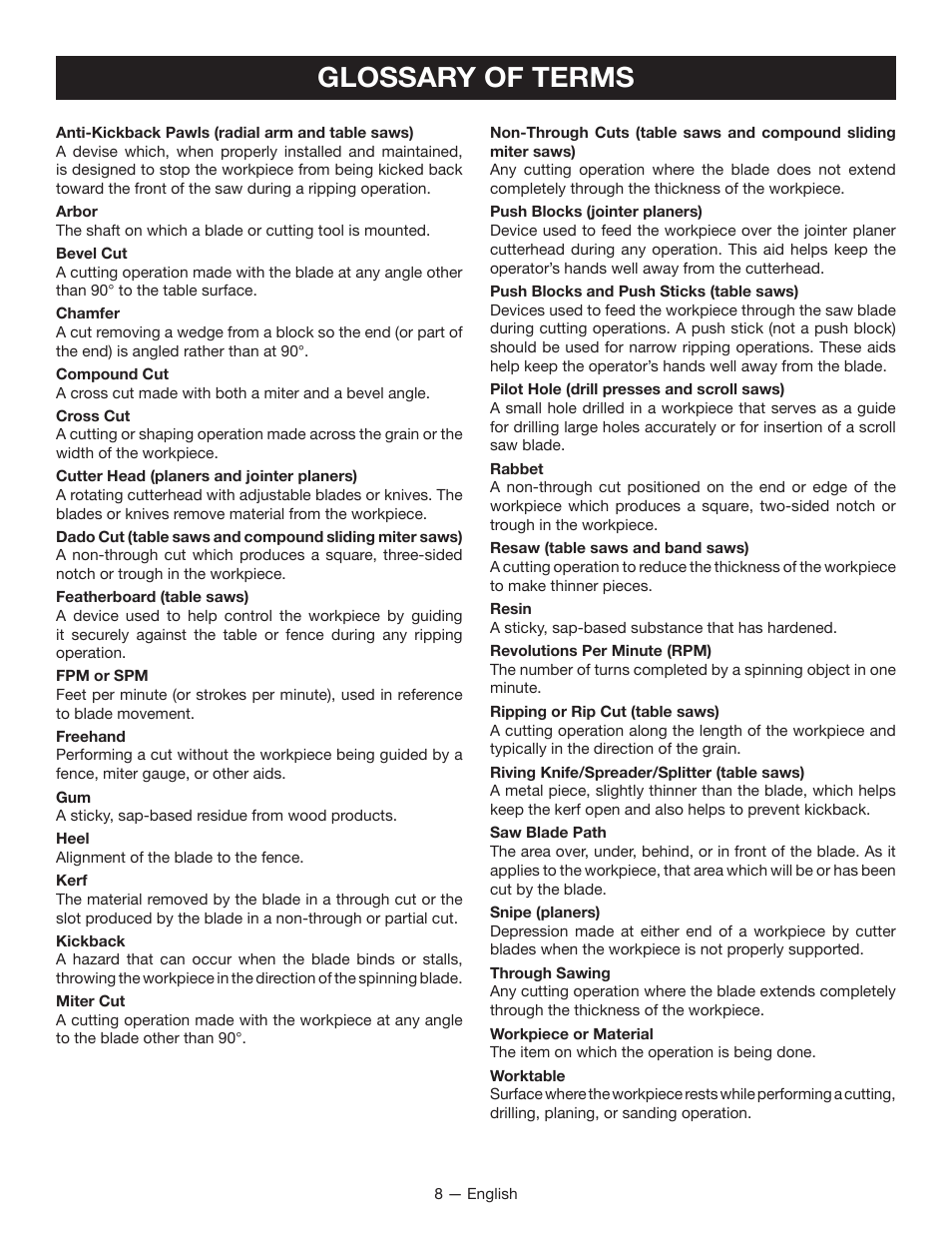 Glossary of terms | Ryobi TSS1344LG User Manual | Page 8 / 30