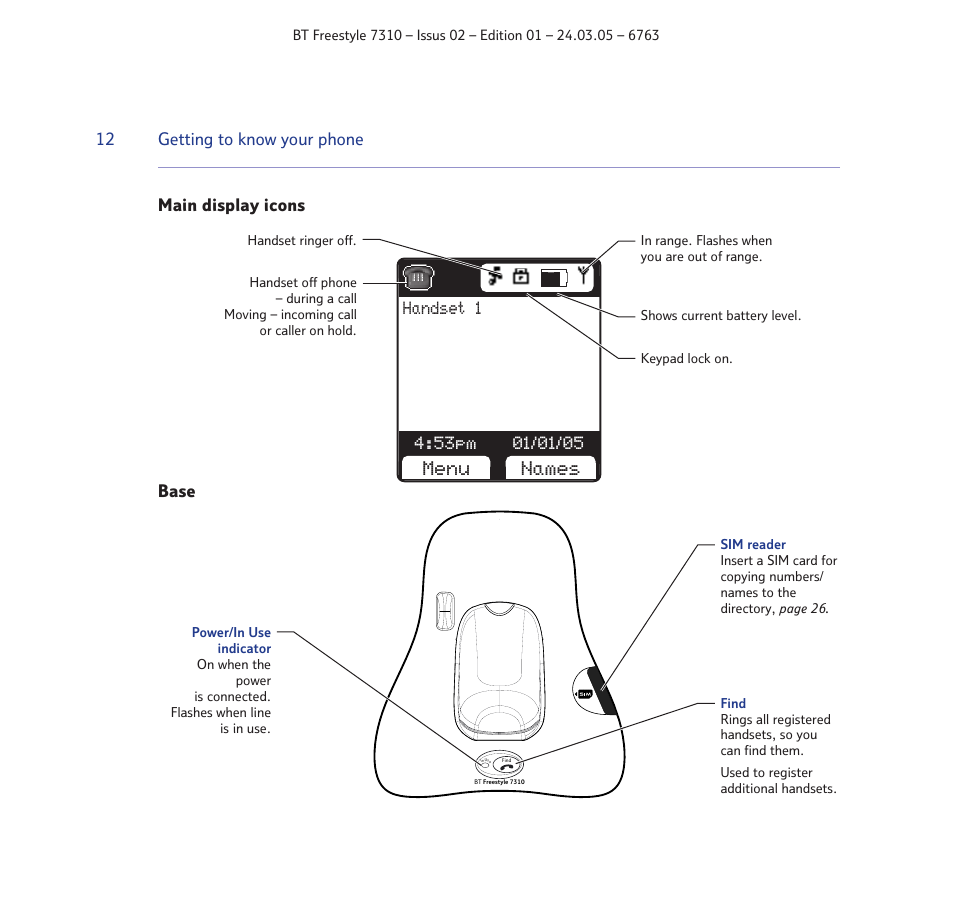 Menu names, Handset 1 | BT FREESTYLE 7310 User Manual | Page 12 / 84