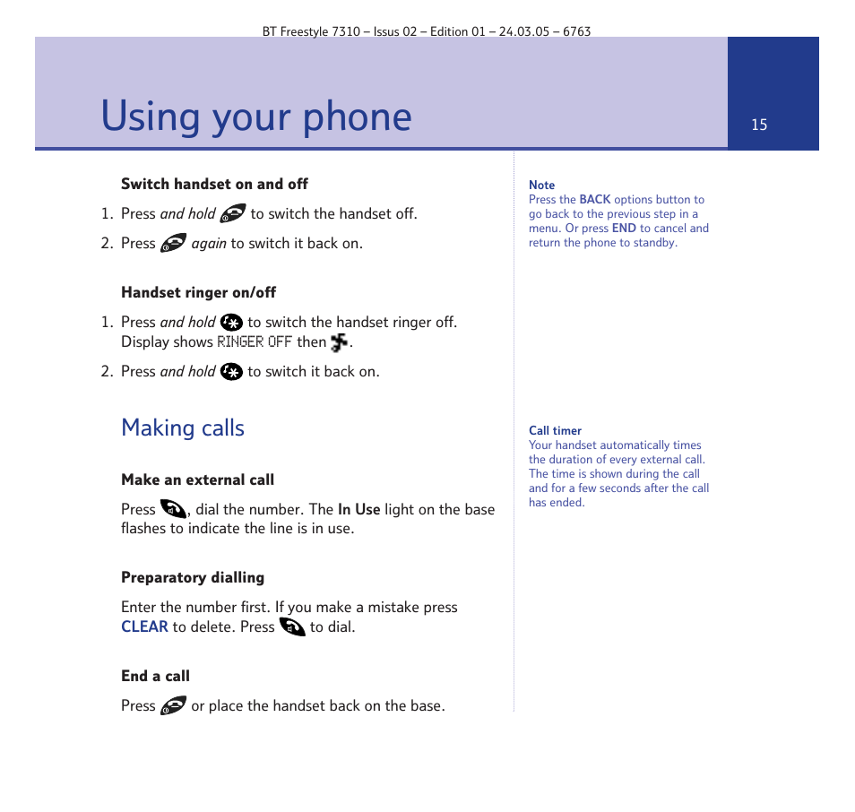 Using your phone, Making calls | BT FREESTYLE 7310 User Manual | Page 15 / 84