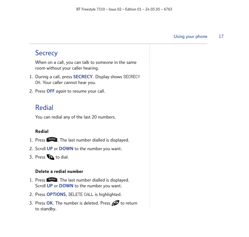 Secrecy, Redial | BT FREESTYLE 7310 User Manual | Page 17 / 84