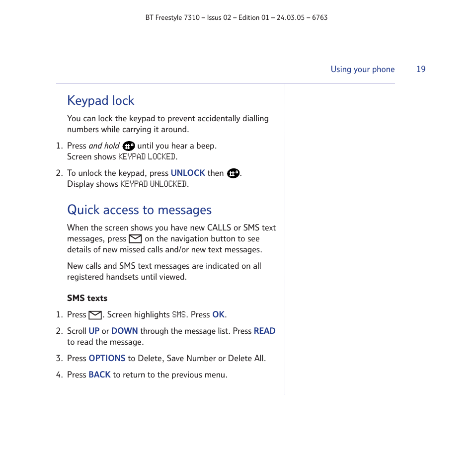 Keypad lock, Quick access to messages | BT FREESTYLE 7310 User Manual | Page 19 / 84