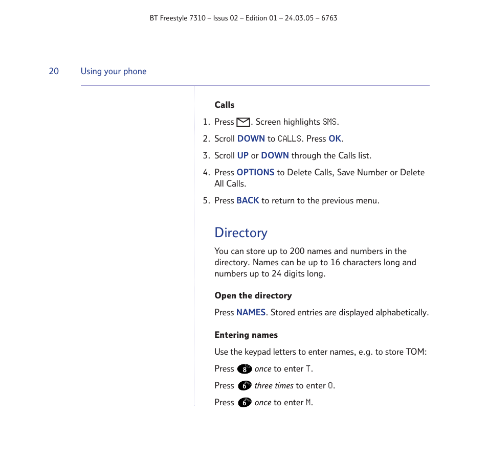 Directory | BT FREESTYLE 7310 User Manual | Page 20 / 84