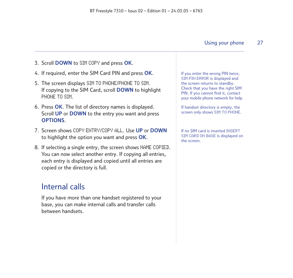 Internal calls | BT FREESTYLE 7310 User Manual | Page 27 / 84