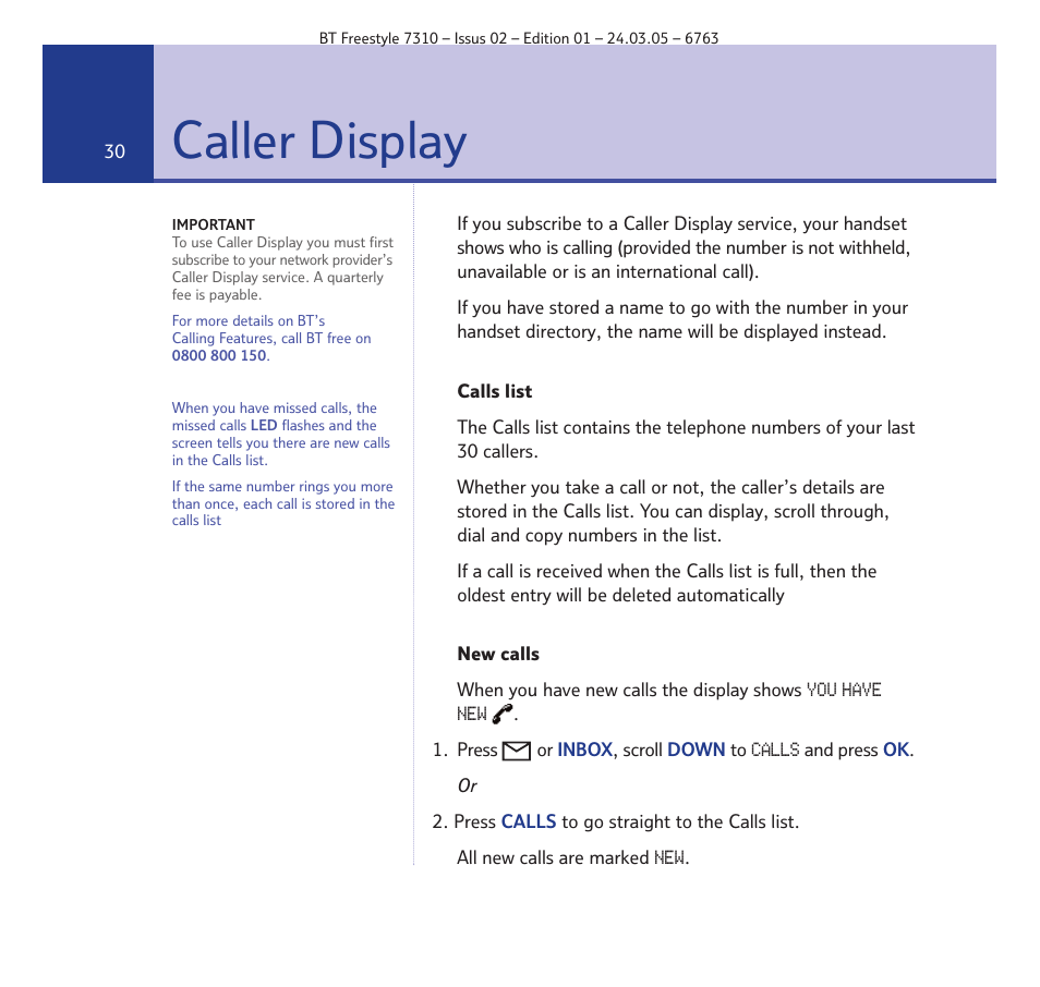 Caller display | BT FREESTYLE 7310 User Manual | Page 30 / 84