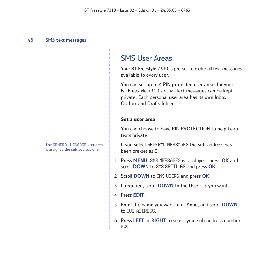 Sms user areas | BT FREESTYLE 7310 User Manual | Page 46 / 84