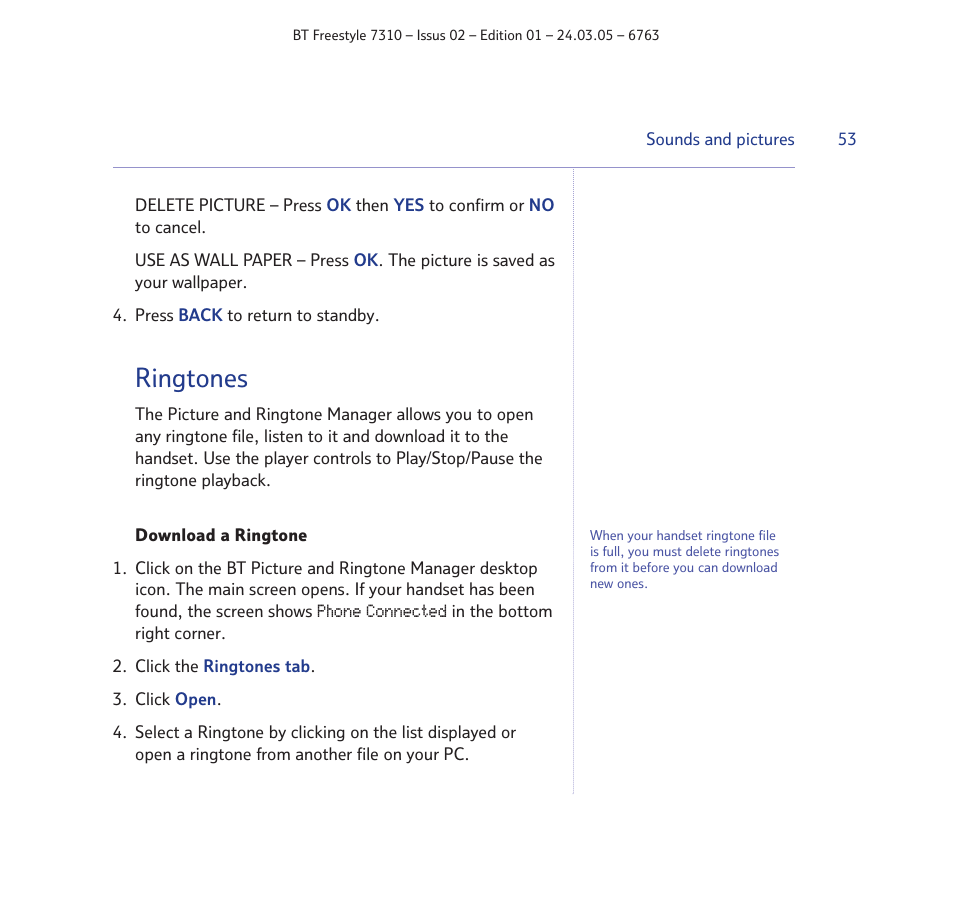 Ringtones | BT FREESTYLE 7310 User Manual | Page 53 / 84