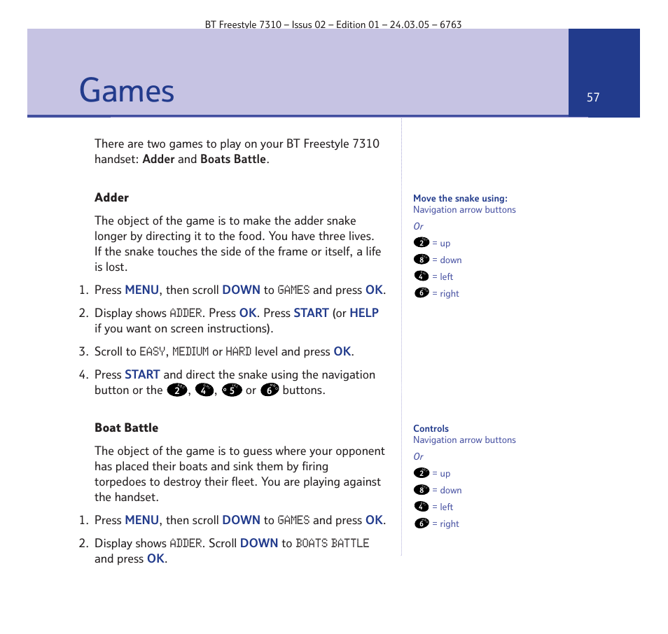 Games | BT FREESTYLE 7310 User Manual | Page 57 / 84