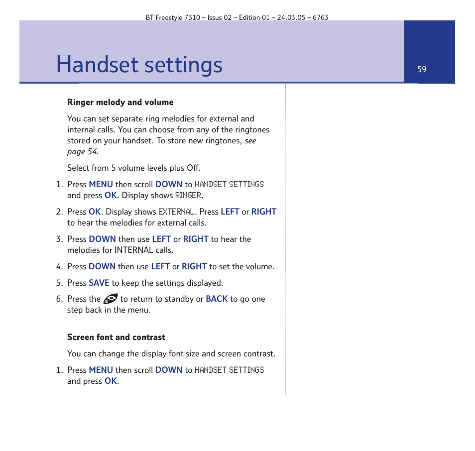 Handset settings | BT FREESTYLE 7310 User Manual | Page 59 / 84