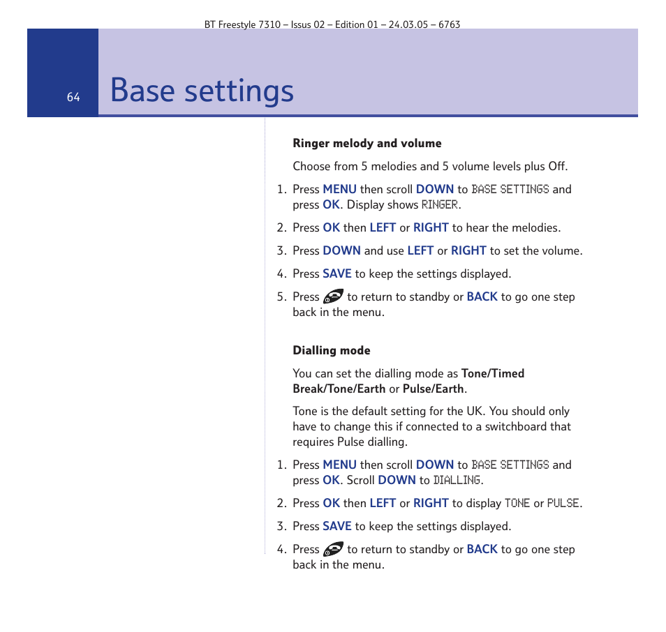 Base settings | BT FREESTYLE 7310 User Manual | Page 64 / 84