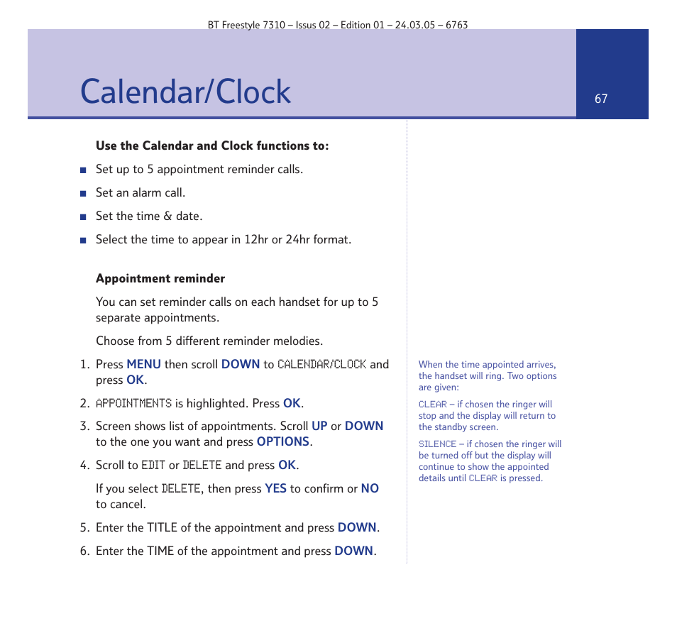 Calendar/clock | BT FREESTYLE 7310 User Manual | Page 67 / 84