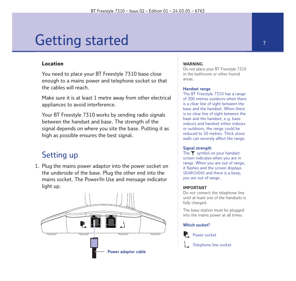 Getting started, Setting up | BT FREESTYLE 7310 User Manual | Page 7 / 84