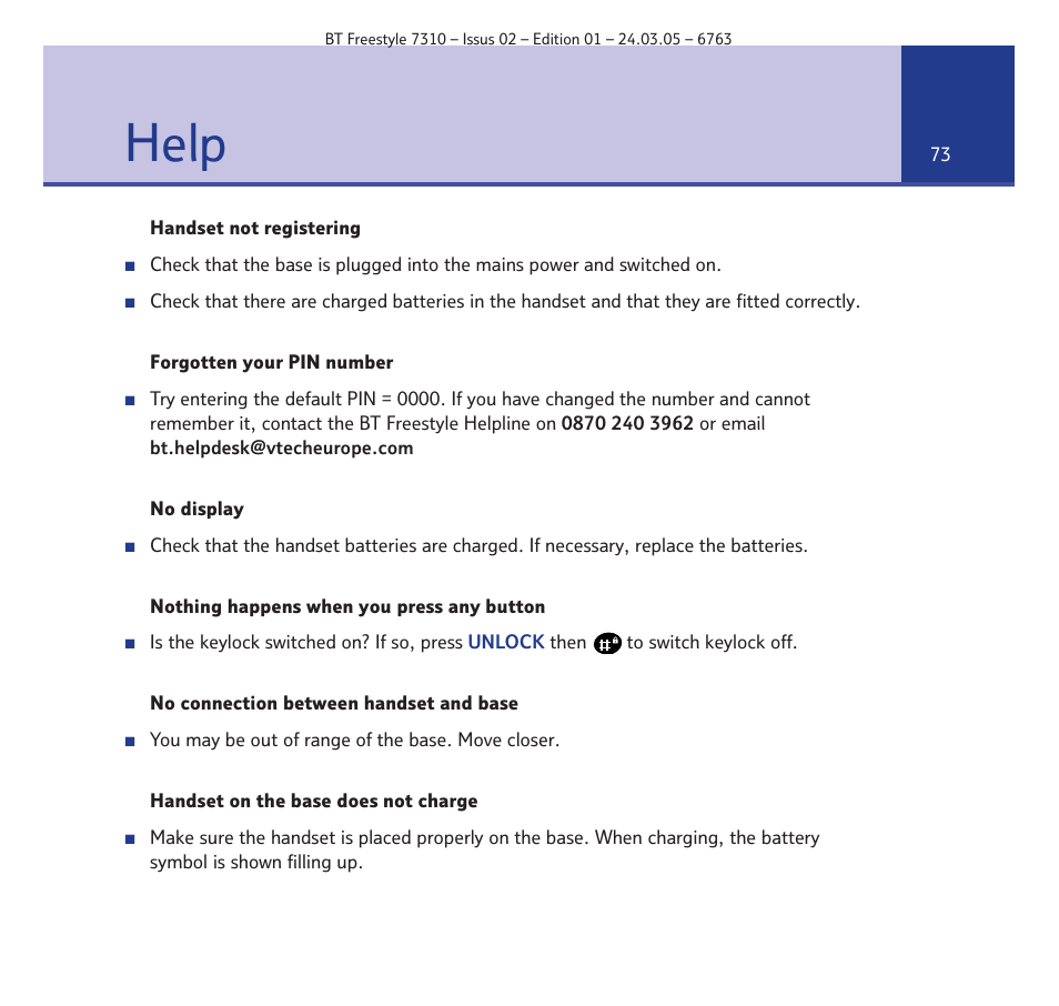 Help | BT FREESTYLE 7310 User Manual | Page 73 / 84