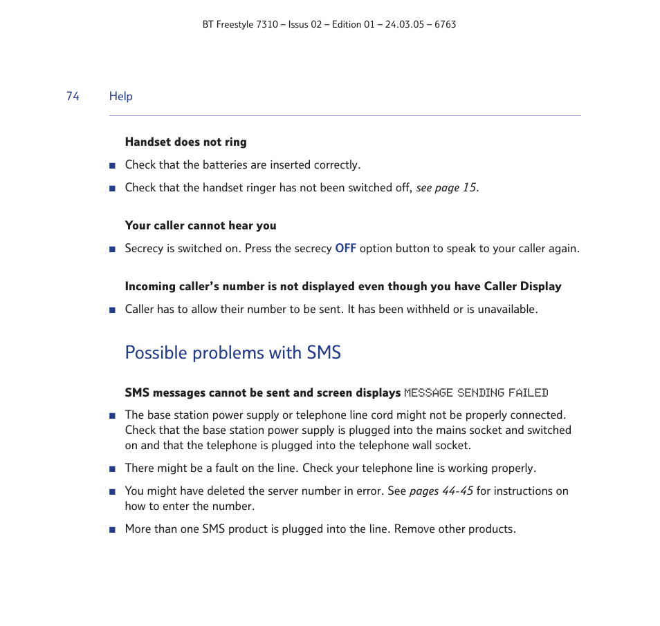 Possible problems with sms | BT FREESTYLE 7310 User Manual | Page 74 / 84