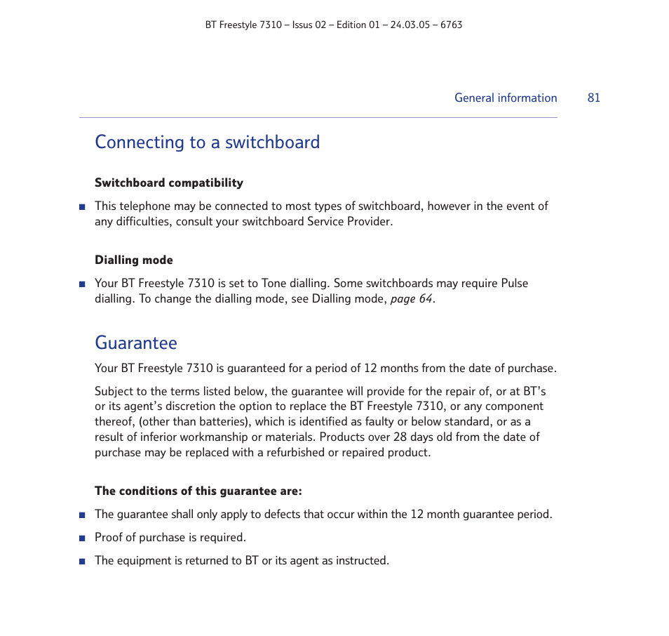 Connecting to a switchboard, Guarantee | BT FREESTYLE 7310 User Manual | Page 81 / 84