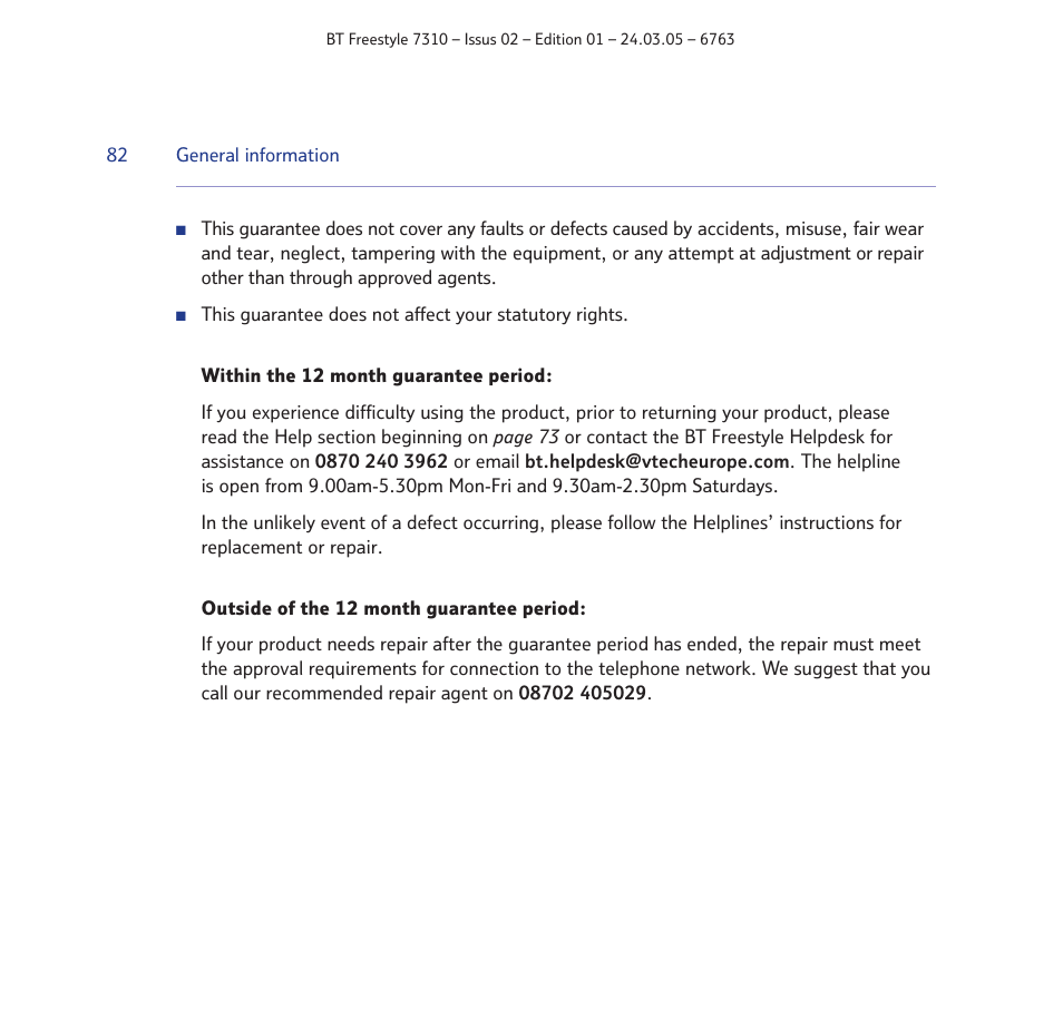 BT FREESTYLE 7310 User Manual | Page 82 / 84