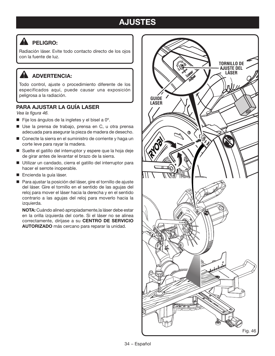 Ajustes | Ryobi TSS120L User Manual | Page 102 / 104