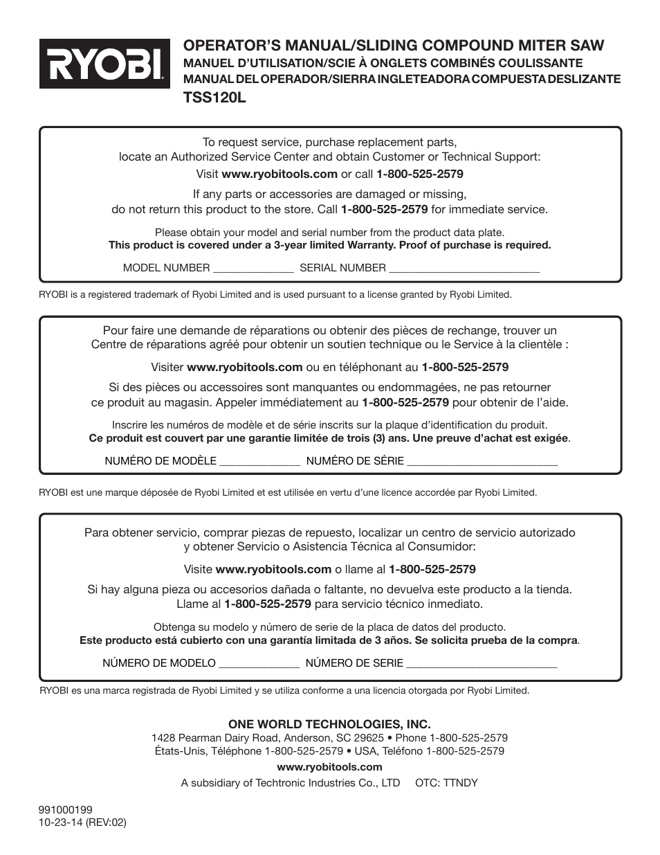 Operator’s manual/sliding compound miter saw, Tss120l | Ryobi TSS120L User Manual | Page 104 / 104