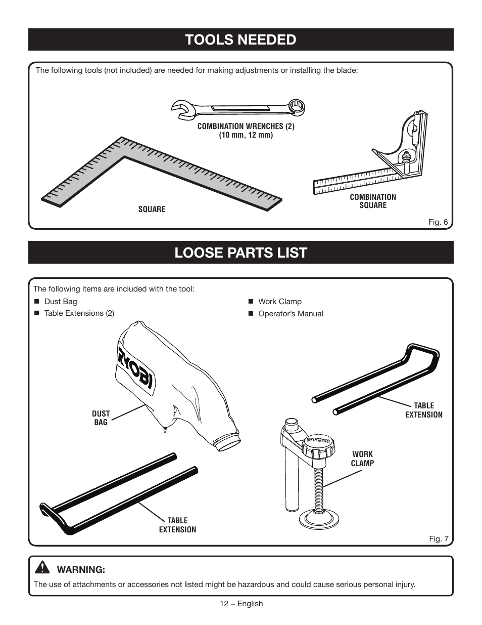 Loose parts list, Tools needed | Ryobi TSS120L User Manual | Page 12 / 104
