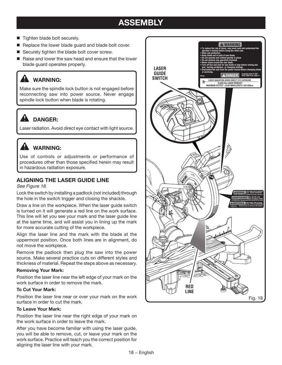 Assembly, Warning, Danger | Aligning the laser guide line, 18 − english | Ryobi TSS120L User Manual | Page 18 / 104