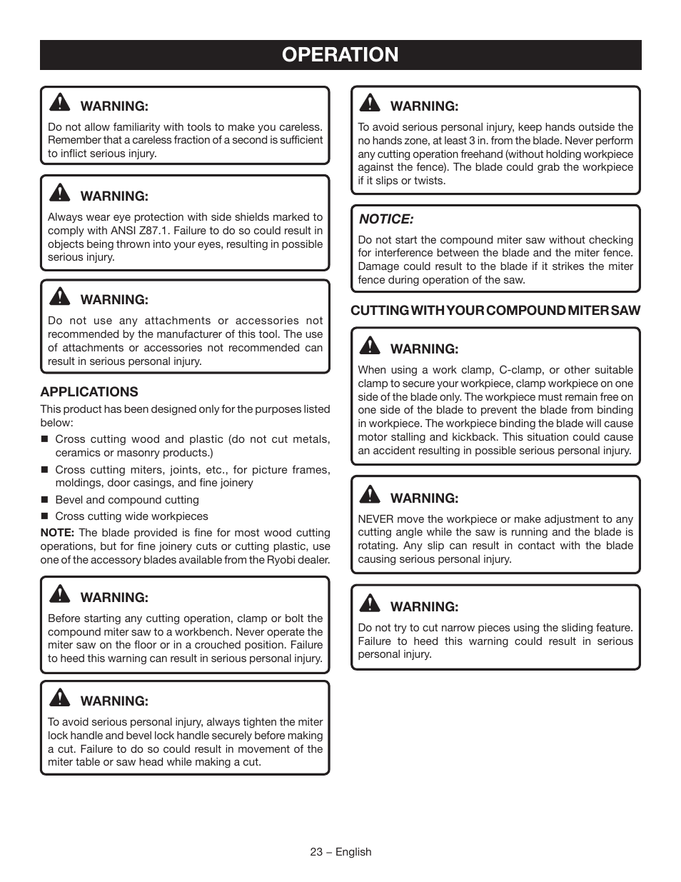 Operation | Ryobi TSS120L User Manual | Page 23 / 104
