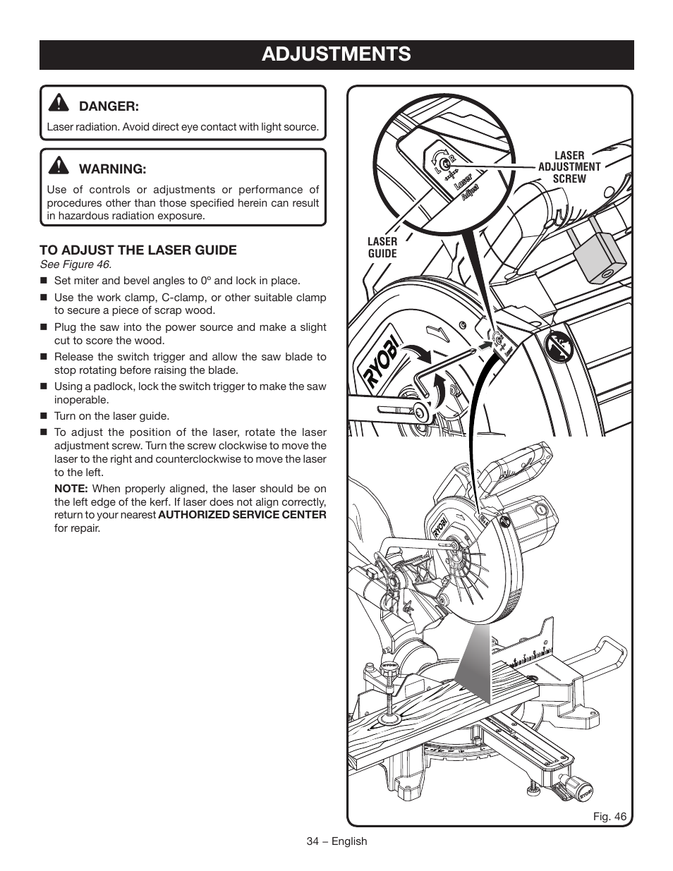 Adjustments | Ryobi TSS120L User Manual | Page 34 / 104