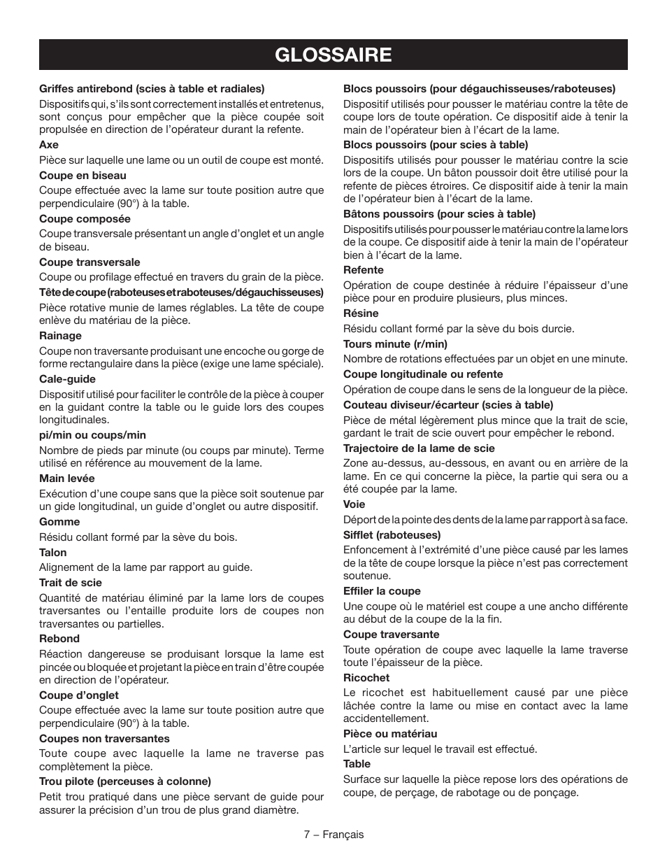 Glossaire | Ryobi TSS120L User Manual | Page 41 / 104