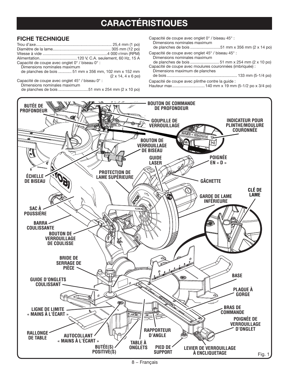 Caractéristiques | Ryobi TSS120L User Manual | Page 42 / 104