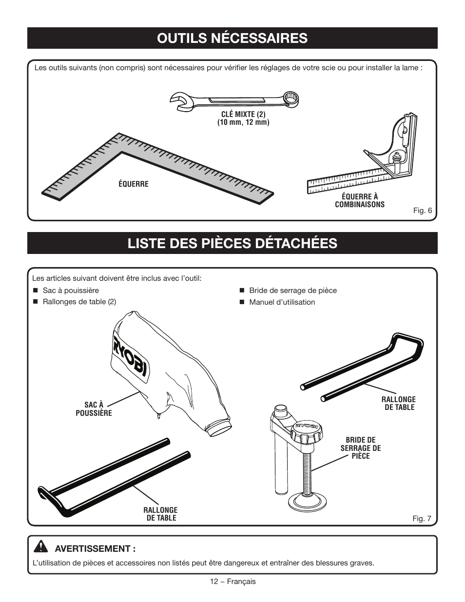 Liste des pièces détachées, Outils nécessaires | Ryobi TSS120L User Manual | Page 46 / 104