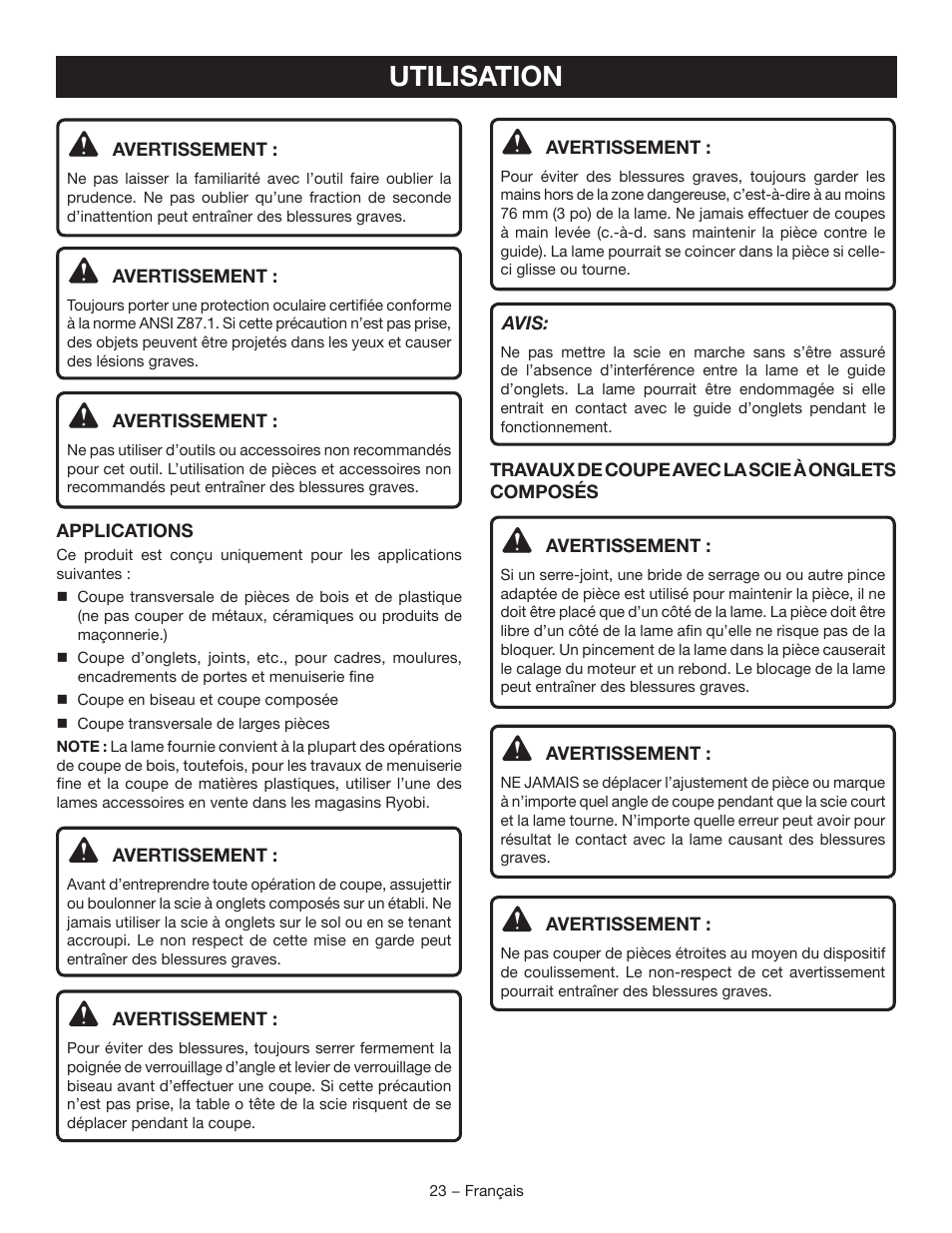 Utilisation | Ryobi TSS120L User Manual | Page 57 / 104
