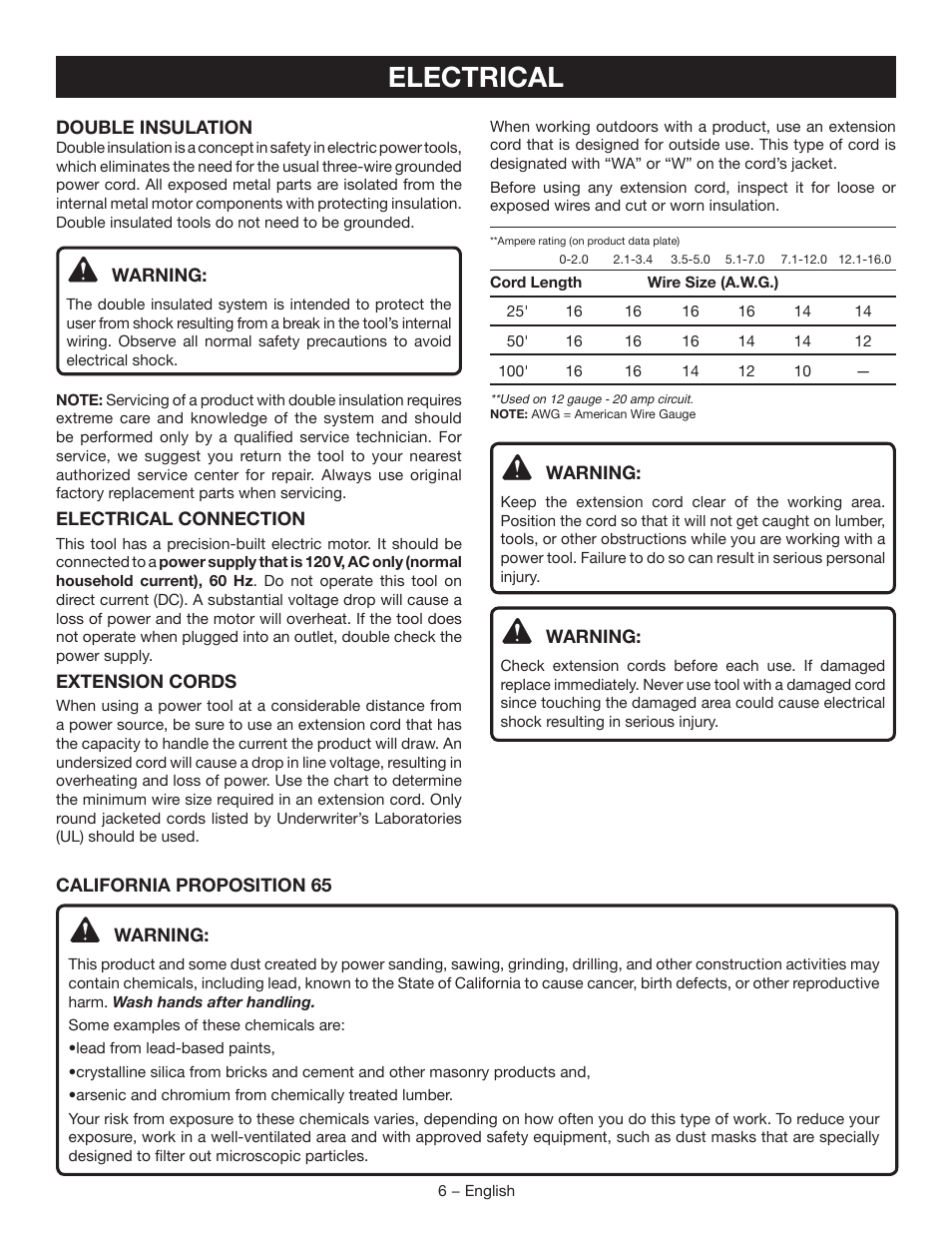 Electrical | Ryobi TSS120L User Manual | Page 6 / 104